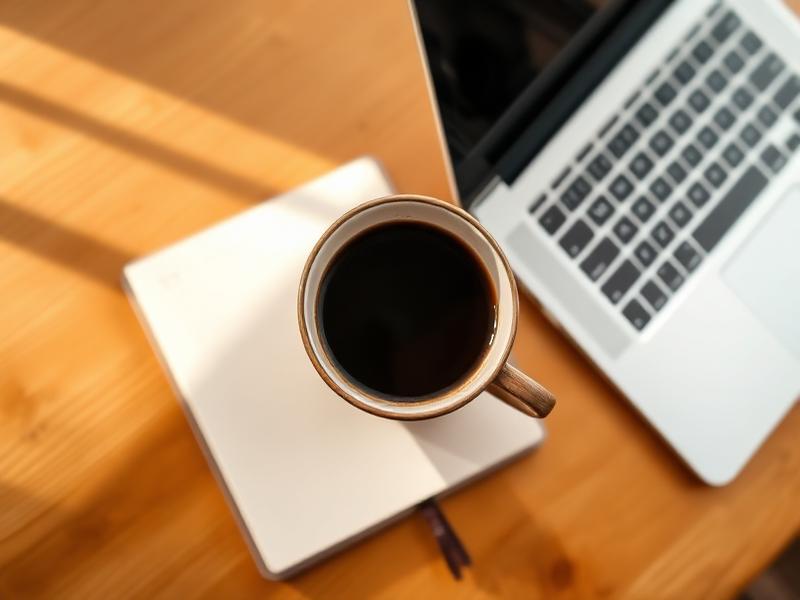 Tasse Kaffee neben Laptop auf Holztisch